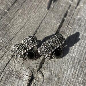 Sterling Silver Vintage Earrings with Onyx and Marcasite